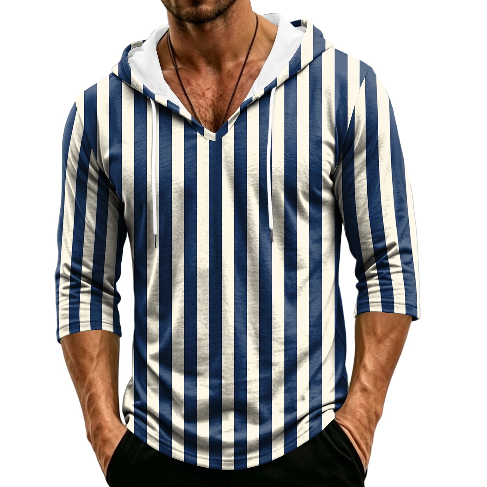 HaCpiu Men's Vertical Striped Hoodie, 3/4 Sleeve Loose Fit