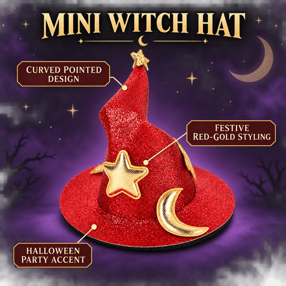 HaCpiu Mini Red Sparkle Witch Hat Hair Clip, Halloween Costume Accessory with Gold Star & Moon Accents, Cute Pointed Fascinator for G'ir'ls & Women