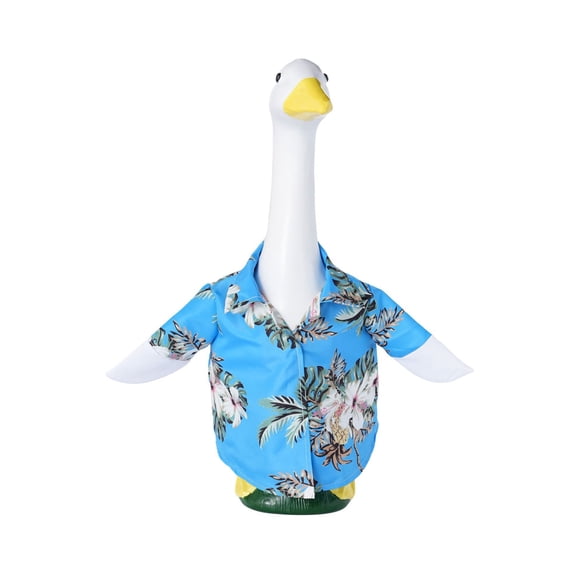 HaCpiu Porch Geese Outfits, 11.8" Light Blue Shirt Tropical Leaf & Straw Hat Geese Clothes, Spring Porch Goose Clothing for Lawn Yard Garden Outdoor Decor