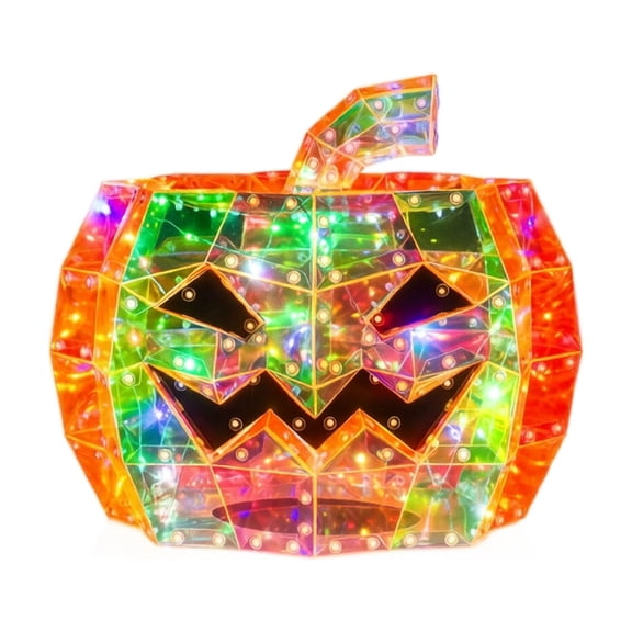 HaCpiu Prismatic Iridescent Pumpkin Decor, 3D Geometric Halloween Jack-O-Lantern with Multicolor LED Fairy Lights, Indoor Festive Desk Accent Lamp