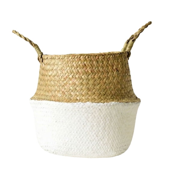 HaCpiu Seagrass Woven Storage Basket, 12.6" Two-Tone White & Beige Handwoven Belly Basket with Handles, Home Decor for Living Room, Bedroom, Laundry, Blankets & Plant Containers
