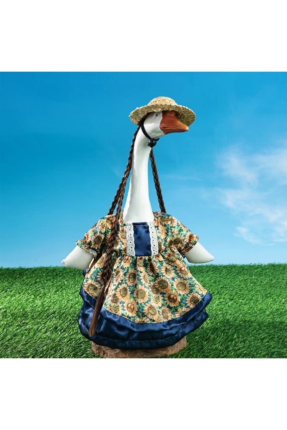 Spring Floral Porch Goose Outfits, 23" Goose Clothes with Blue Floral Skirt & Braided Wig Hat, Porch Goose with Outfits for St. Patrick's Day Lawn Yard Garden Outdoor Decor