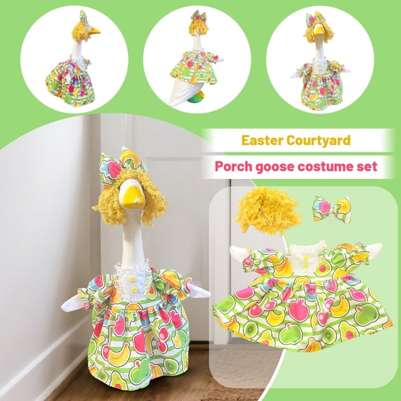 HaCpiu Summer Fruit Goose Outfit, Colorful Fruit Print Dress with Blonde Curly Wig and Matching Bow, Fits 23-25 Inch Large Garden Statue