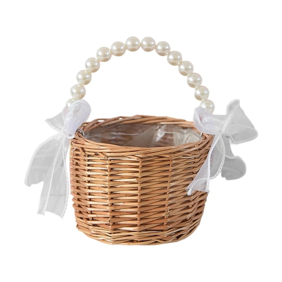 HaCpiu Wicker Woven Basket, 5.9" Pearl Handle Flower Basket with Bow Rattan Petal Basket, Handwoven Basket for Wedding Home Garden Decor