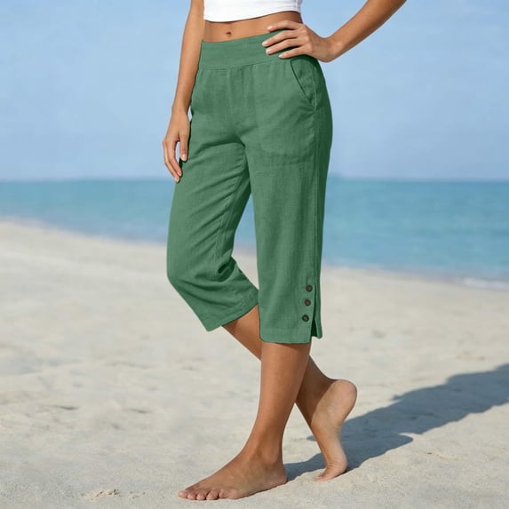 HaCpiu Women's Casual Cotton Linen Crop Pants, Loose Fit Straight Leg Capri Trousers with Pockets Side Slit Button Trim, Army Green L