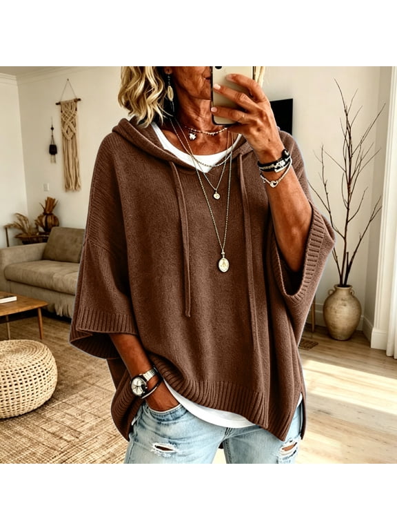 Women's Fine Knit Poncho Hooded Sweater, Solid Loose 3/4 Dolman Sleeve Pullover, Lightweight Boho Oversized Drawstring Sweatshirt, Brown L