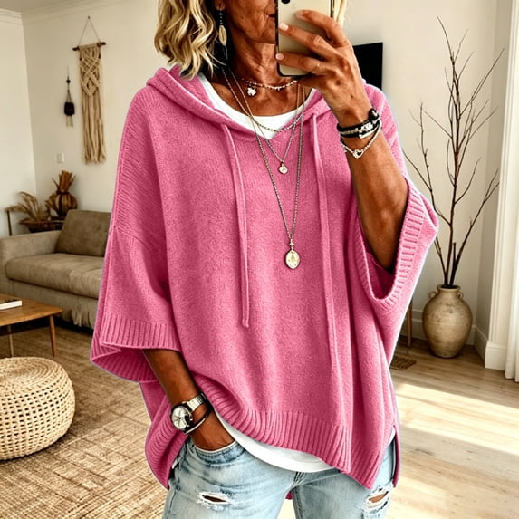 HaCpiu Women's Fine Knit Poncho Hooded Sweater, Solid Loose 3/4 Dolman Sleeve Pullover, Lightweight Boho Oversized Drawstring Sweatshirt, Pink XL