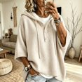 thumbnail image 1 of HaCpiu Women's Henley Hooded Knit Poncho, Solid Loose 3/4 Sleeve Pullover, Lightweight Button-Up Drape Sweater with Drawstring, Beige L, 1 of 6