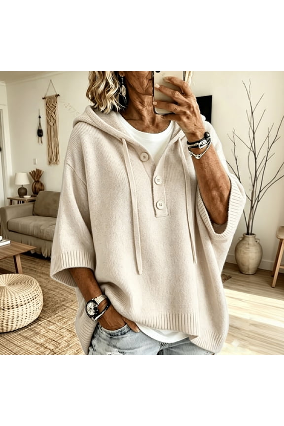 Women's Henley Hooded Knit Poncho, Solid Loose 3/4 Sleeve Pullover, Lightweight Button-Up Drape Sweater with Drawstring, Beige L
