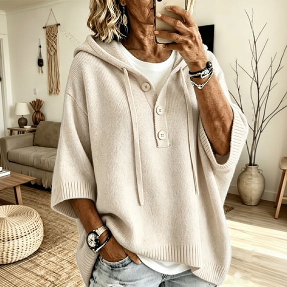 HaCpiu Women's Henley Hooded Knit Poncho, Solid Loose 3/4 Sleeve Pullover, Lightweight Button-Up Drape Sweater with Drawstring, Beige L