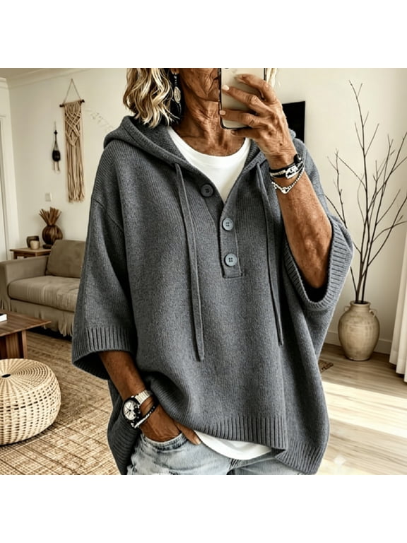 Women's Henley Hooded Knit Poncho, Solid Loose 3/4 Sleeve Pullover, Lightweight Button-Up Drape Sweater with Drawstring, Gray L