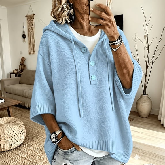 HaCpiu Women's Henley Hooded Knit Poncho, Solid Loose 3/4 Sleeve Pullover, Lightweight Button-Up Drape Sweater with Drawstring, Sky Blue L