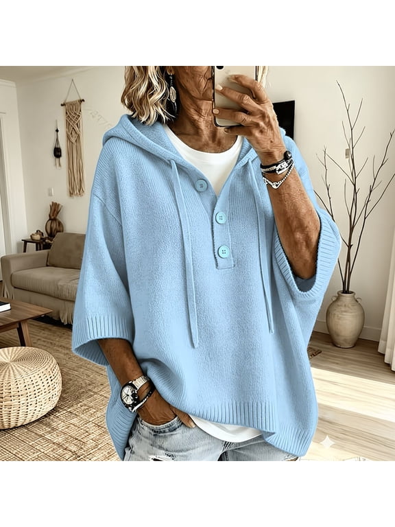 Women's Henley Hooded Knit Poncho, Solid Loose 3/4 Sleeve Pullover, Lightweight Button-Up Drape Sweater with Drawstring, Sky Blue M