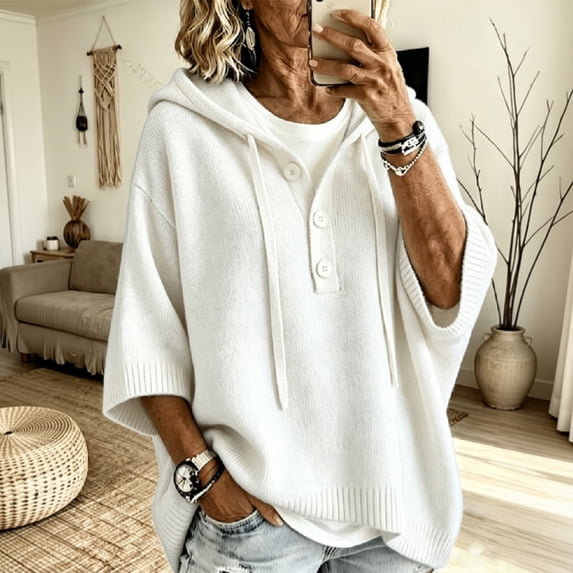 HaCpiu Women's Henley Hooded Knit Poncho, Solid Loose 3/4 Sleeve Pullover, Lightweight Button-Up Drape Sweater with Drawstring, White XL