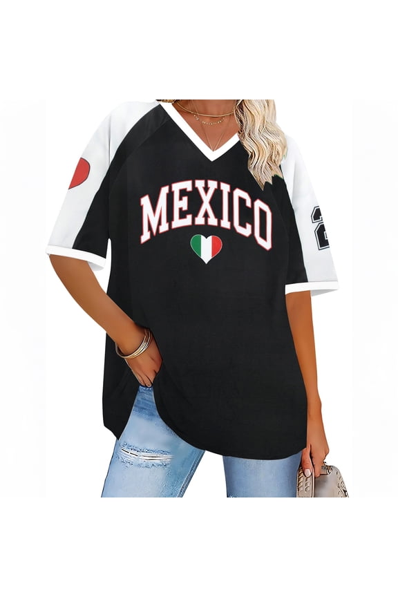 Women's Mexico Soccer Jersey, V Neck Short Sleeve Fan Supporter Shirt Collection, Patriotic Country Letter Print Rally Tee, Lightweight Retro Streetwear Match Day Cheering Slim Fit Blouse