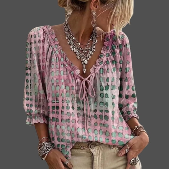 HaCpiu Women's Polka Dot Top, Summer V-Neck 3/4 Sleeve Lace-Up Blouse, Ruffle Trim Casual Loose Flowy Dressy Shirt, Lightweight Tunic, Pink XL