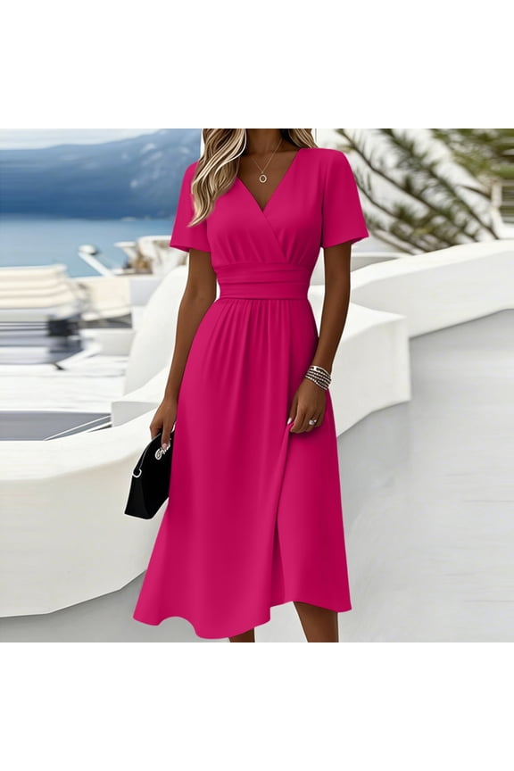 Women's Short Sleeve V-Neck Midi Dress - Ruched Waist A-Line Casual Flare Dress - Elegant Flowy Party Dress for Wedding Guest and Daily Wear, Hot Pink S