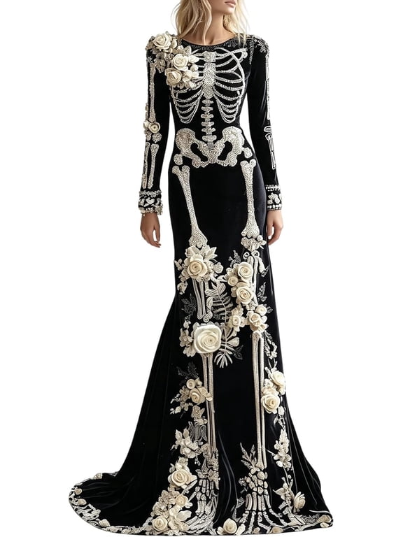 Women's Skeleton Print Velvet Maxi Dress, Long Sleeve Halloween Gown with 3D Floral Applique, Gothic Evening Dress & Fancy Cosplay Costume