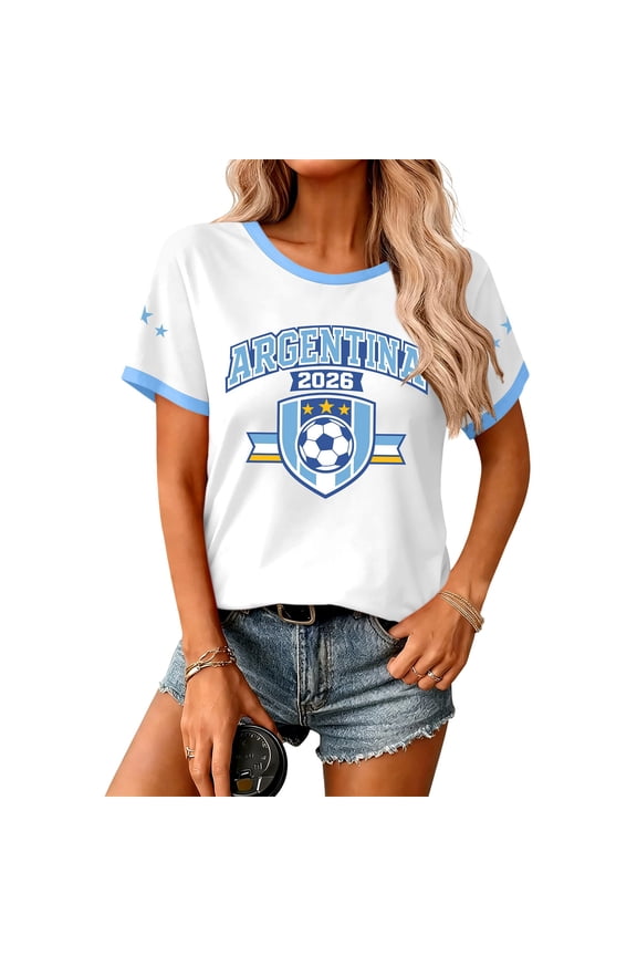 Women's Soccer Tee, Casual V Neck Short Sleeve Fan Jersey T-Shirt Collection for Spain, Argentina, Brazil, USA, and Mexico Match Day Rally, Light Blue L