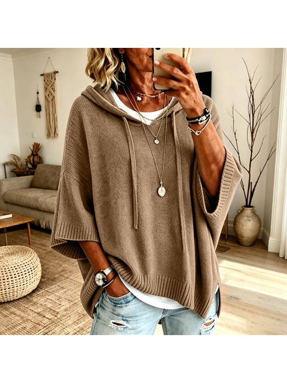 Women's Solid Hooded Knit Top, Casual Loose 3/4 Sleeve Poncho Sweater, Lightweight Flowy Pullover Sweatshirt with Drawstring, Khaki S