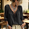 thumbnail image 1 of HaCpiu Women's Solid V-Neck Ruffle Blouse, Casual Loose 3/4 Sleeve Tie-Front Tunic Top, Lightweight Flowy Shirt with Elastic Ruffled Cuffs, Black L, 1 of 6