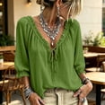 thumbnail image 1 of HaCpiu Women's Solid V-Neck Ruffle Blouse, Casual Loose 3/4 Sleeve Tie-Front Tunic Top, Lightweight Flowy Shirt with Elastic Ruffled Cuffs, Green S, 1 of 5