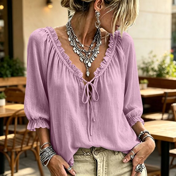 HaCpiu Women's Solid V-Neck Ruffle Blouse, Casual Loose 3/4 Sleeve Tie-Front Tunic Top, Lightweight Flowy Shirt with Elastic Ruffled Cuffs, Pink XXL
