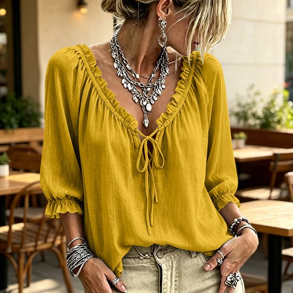 HaCpiu Women's Solid V-Neck Ruffle Blouse, Casual Loose 3/4 Sleeve Tie-Front Tunic Top, Lightweight Flowy Shirt with Elastic Ruffled Cuffs, Yellow XL