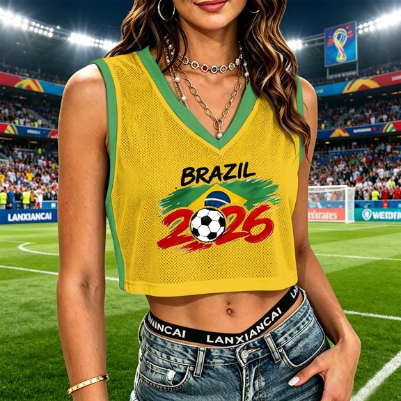 HaCpiu Women's V Neck Crop Tank Top, Sleeveless Summer Casual Vest Jersey for Argentina, Brazil, USA, Spain, Haiti, Canada, Mexico Soccer Fans, Orange XL