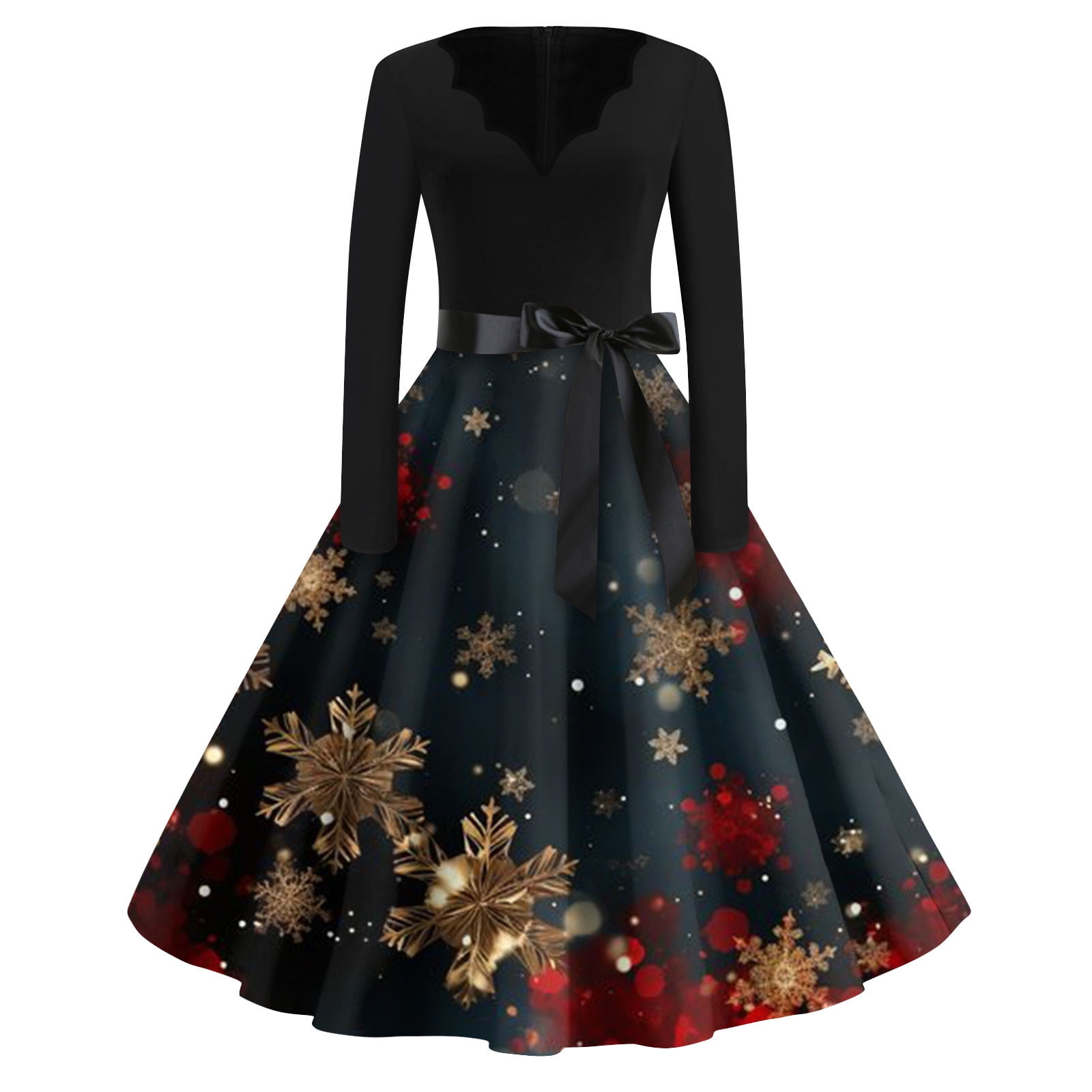 HaHaHappy Christmas Dresses for Women Knee-Length V-Neck Snowflake Long  Sleeve Christmas Dress for Women Pleated with Belt Vintage A-Line Dresses  Dark Blue M - Walmart.com