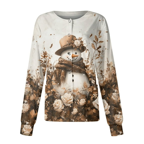 HaHaHappy Christmas Scrubs Jackets for Women Plus Size Long Sleeve Ugly Snowman Print Scrubs Dressy Snap Front Casual Scrub Tops Cute Nurse Uniform Nursing Medical Workwear with Pocket Khaki 3XL