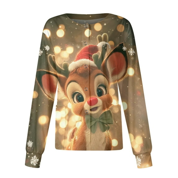 HaHaHappy Christmas Scrubs for Women Jackets Plus Size Snap Front Dressy Deer Print Scrub Tops Ugly Long Sleeve Casual Scrubs Funny Nurse Workwear Nursing Medical Uniform with Pocket Saffron L