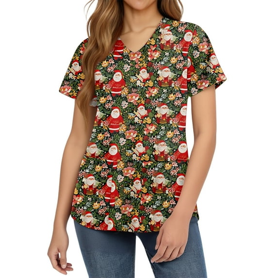 HaHaHappy Christmas Scrubs Women Plus Size Short Sleeve Cute Christmas Santa Print Scrub Shirts Casual V Neck Dressy Scrub Tops Nursing Uniform Nurse Medical Workwear with Pocket Army Green S