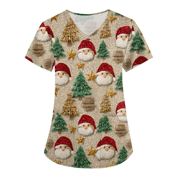 HaHaHappy Christmas Scrubs Women Plus Size Short Sleeve Cute Christmas Santa Print Scrub Tops Ugly V Neck Funny Scrub Shirts Nursing Uniform Medical Nurse Workwear with Pocket Beige XL