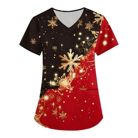 HaHaHappy Christmas Scrubs Women Plus Size Short Sleeve Dressy Snowflake Print Scrub Tops Funny V Neck Ugly Scrub Shirts Nurse Uniform Nursing Medical Workwear with Pocket Wine 2XL