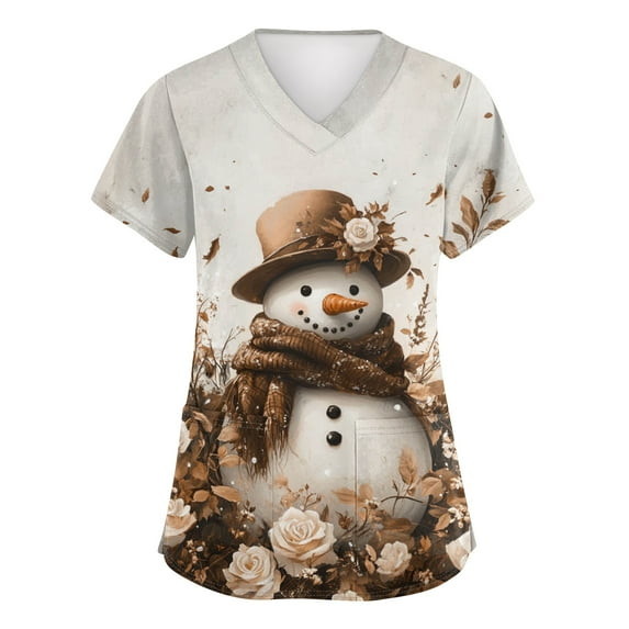 HaHaHappy Christmas Scrubs for Women Plus Size Short Sleeve Funny Snowman Print Scrub Tops Casual V Neck Dressy Scrub Shirts Nursing Uniform Nurse Medical Workwear with Pocket Khaki 3XL