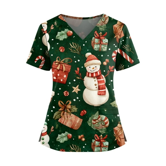 HaHaHappy Christmas Scrubs for Women Plus Size Short Sleeve Funny Snowman Print Scrub Tops Cute V Neck Dressy Scrub Shirts Medical Workwear Nurse Nursing Uniform with Pocket Dark Green S
