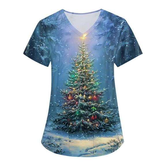 HaHaHappy Christmas Scrubs for Women Plus Size Short Sleeve Ugly Christmas Tree Print Scrub Shirts Funny V Neck Cute Scrub Tops Nurse Uniform Nursing Medical Workwear with Pocket Blue 5XL