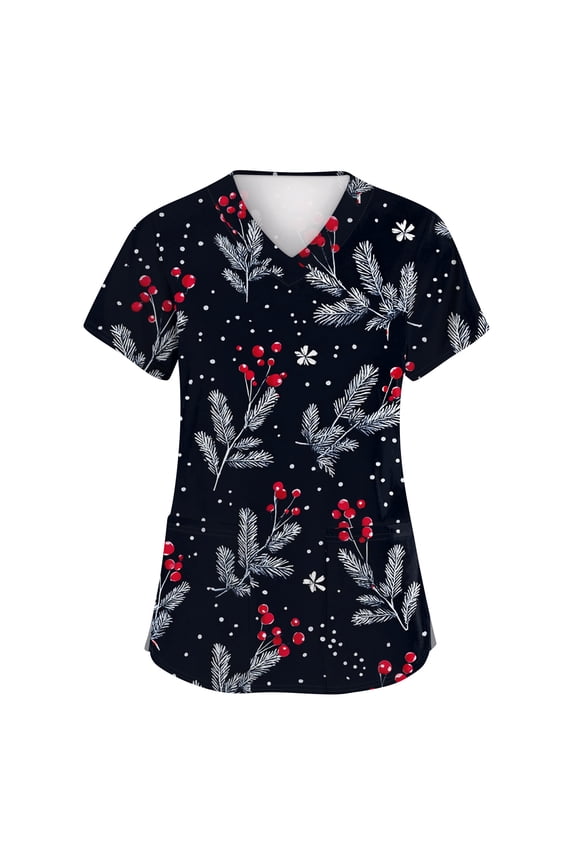 Christmas Scrubs Women Plus Size V Neck Casual Christmas Print Scrub Shirts Cute Short Sleeve Ugly Scrub Tops Nursing Workwear Nurse Medical Uniform with Pocket Black M