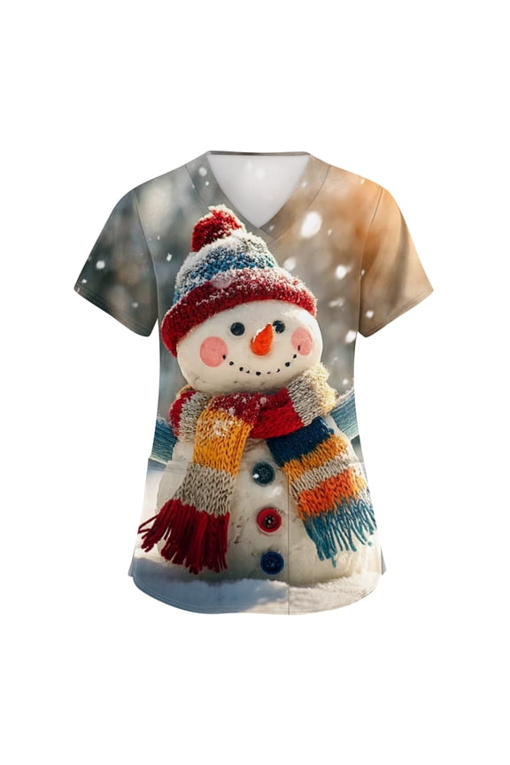 Christmas Scrubs Women Plus Size V Neck Casual Snowman Print Scrub Tops Dressy Short Sleeve Cute Scrub Shirts Medical Uniform Nursing Nurse Workwear with Pocket Orange 5XL