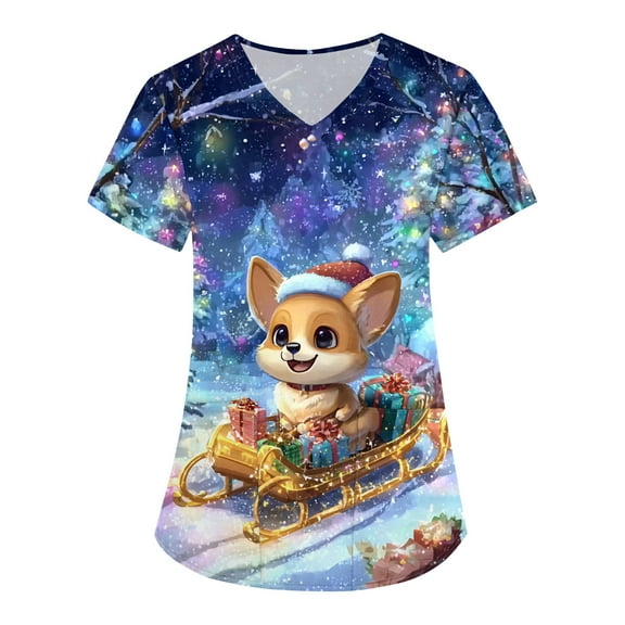 HaHaHappy Christmas Scrubs for Women Plus Size V Neck Cute Deer Print Scrub Shirts Casual Short Sleeve Ugly Scrub Tops Nurse Workwear Medical Nursing Uniform with Pocket Blue 3XL