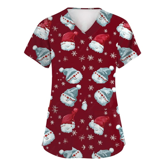 HaHaHappy Christmas Scrubs for Women Plus Size V Neck Dressy Christmas Print Scrub Shirts Ugly Short Sleeve Funny Scrub Tops Medical Workwear Nursing Nurse Uniform with Pocket Wine M