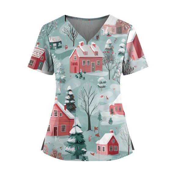 HaHaHappy Christmas Scrubs Women Plus Size V Neck Dressy Christmas Print Scrub Tops Funny Short Sleeve Casual Scrub Shirts Nursing Uniform Medical Nurse Workwear with Pocket Light Blue S