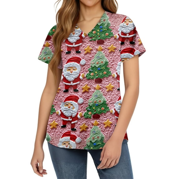 HaHaHappy Christmas Scrubs Women Plus Size V Neck Dressy Christmas Santa Print Scrub Shirts Casual Short Sleeve Cute Scrub Tops Medical Uniform Nursing Nurse Workwear with Pocket Light pink 5XL