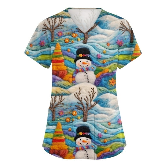 HaHaHappy Christmas Scrubs for Women Plus Size V Neck Funny Snowman Print Scrub Tops Cute Short Sleeve Ugly Scrub Shirts Nursing Workwear Medical Nurse Uniform with Pocket Blue L
