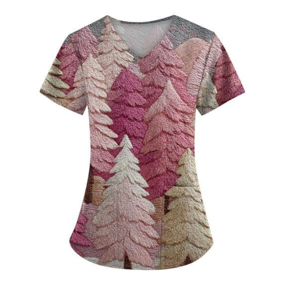 HaHaHappy Christmas Scrubs Women Plus Size V Neck Ugly Christmas Tree Print Scrub Tops Casual Short Sleeve Dressy Scrub Shirts Nurse Uniform Medical Nursing Workwear with Pocket Pink M