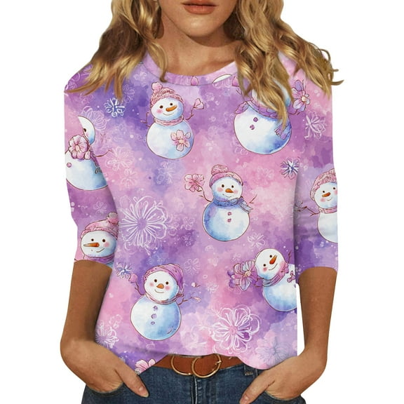 HaHaHappy Christmas Shirt Women Plus Size Casual 3/4 Sleeve Tunic Tops Christmas Snowman Print Funny T-Shirts Crew Neck Cute Three Quarter Length Blouses Dressy Pullover Purple 2XL