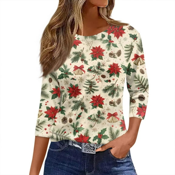 HaHaHappy Christmas Shirt Women Plus Size Casual 3/4 Sleeve Tunic Tops Xmas Print Dressy T-Shirts Crew Neck Party Three Quarter Length Blouses Ugly Pullover Beige XL