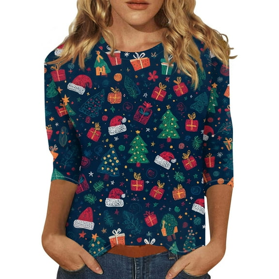 HaHaHappy Christmas Shirt Women Plus Size Cute 3/4 Sleeve Tunic Tops Christmas Print Vintage T-Shirts Crew Neck Party Three Quarter Length Pullover Ugly Blouses Royal Blue 3XL