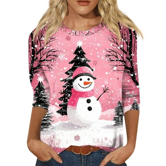 HaHaHappy Christmas Shirt Women Plus Size Dressy 3/4 Sleeve T-Shirts Xmas Snowman Print Vintage Tunic Tops Crew Neck Cute Three Quarter Length Pullover Casual Blouses Pink S